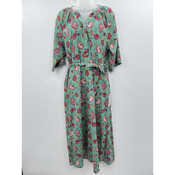 Maisie Tie Waist Midi Dress in Ethnic Floral Sz L Green Pink Boho Beachy Cotton - Picture 1 of 16